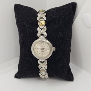 Concepts in Time silver tone watch skinny band with faux abalone and rhinestones